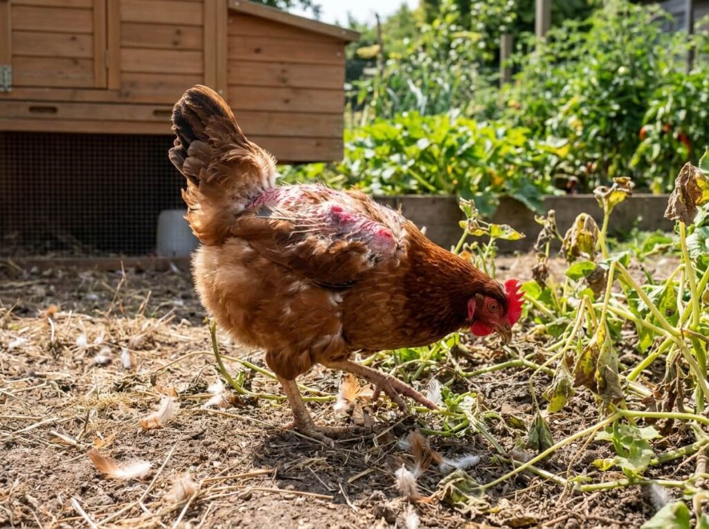 Poule au dos déplumé et à la peau visible après s'être arraché les plumes en plein été