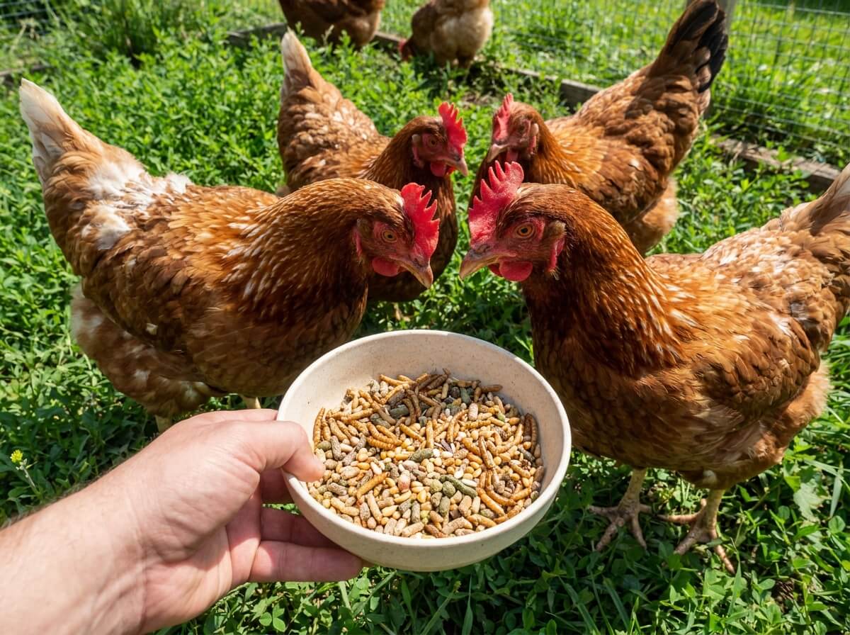 Main qui présente un complément riche en protéines à des poules dans un enclos d'été
