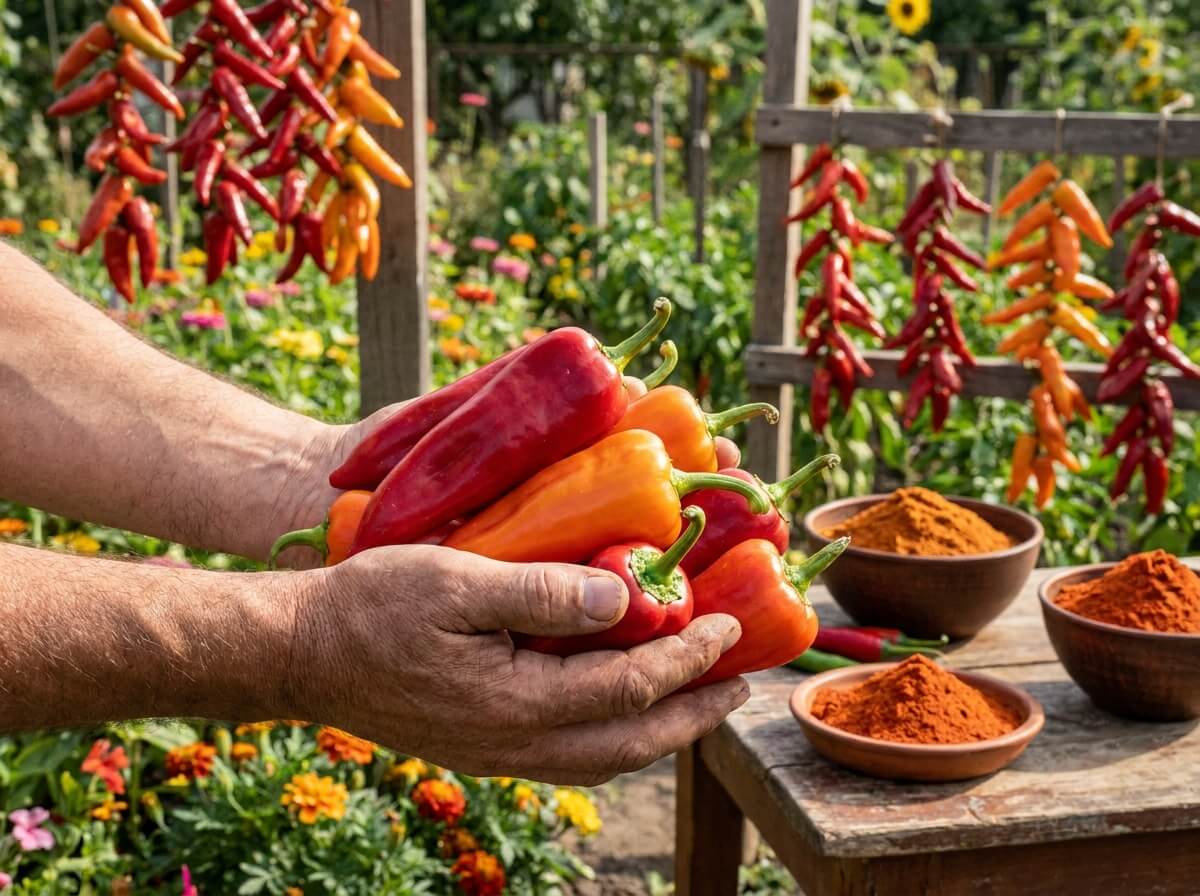 Mains tenant des piments à paprika fraîchement récoltés au potager en été