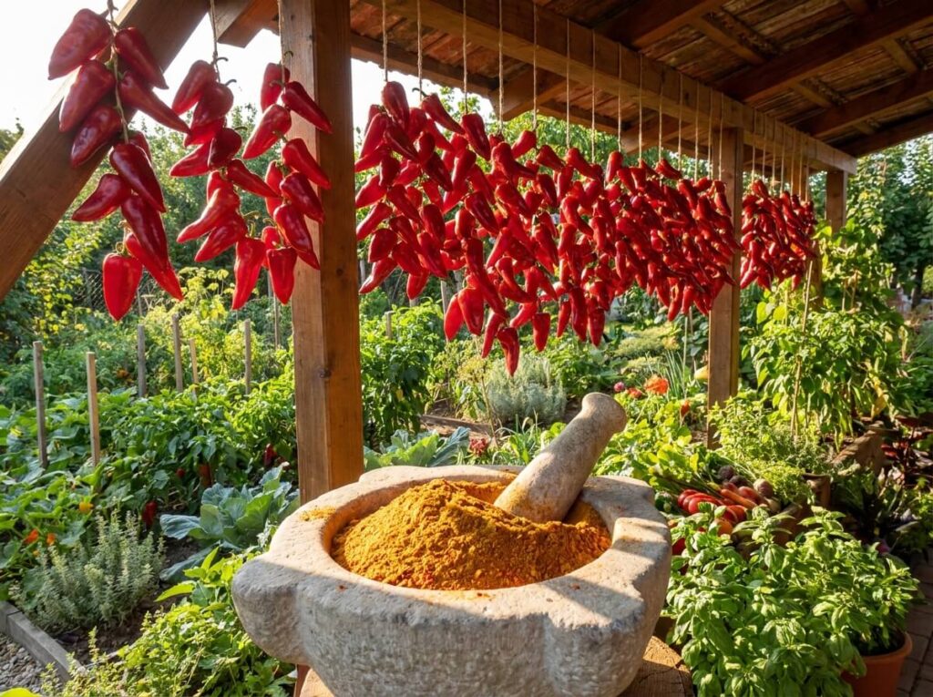 Piments doux rouges suspendus à sécher près d'un mortier de paprika maison fraîchement moulu