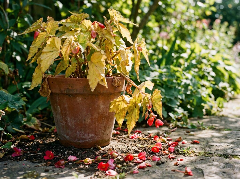 Bégonia avec boutons floraux tombés au sol et feuilles jaunissantes en pot en été
