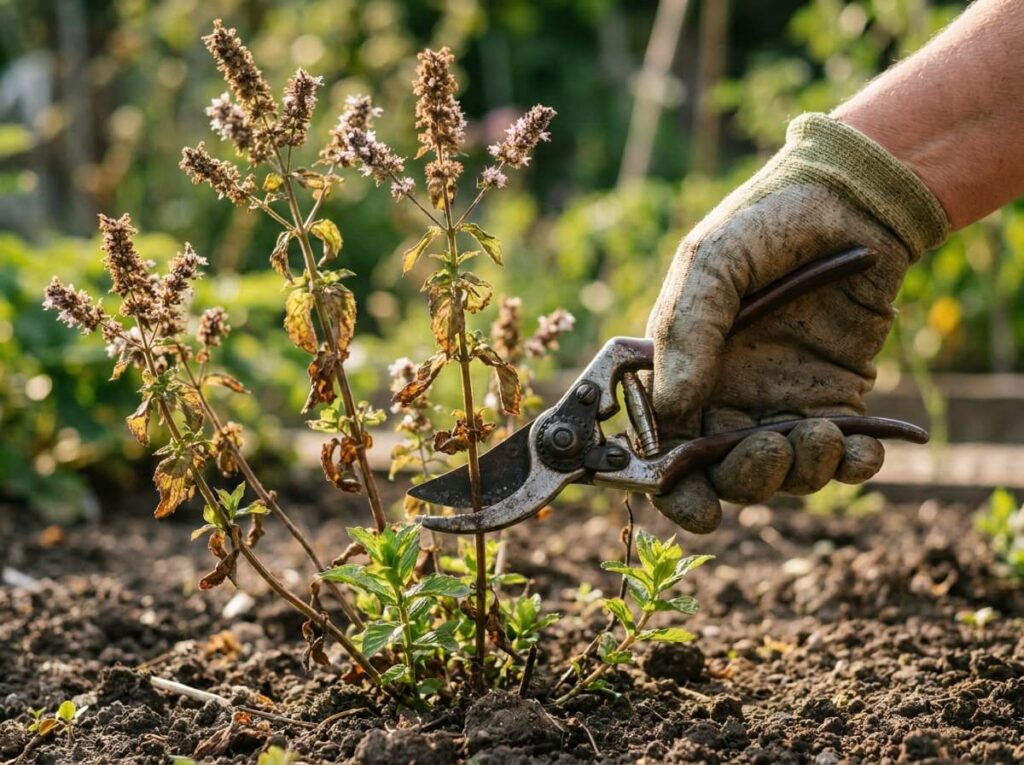 Main coupant une tige de menthe montée à fleurs avec un sécateur en été