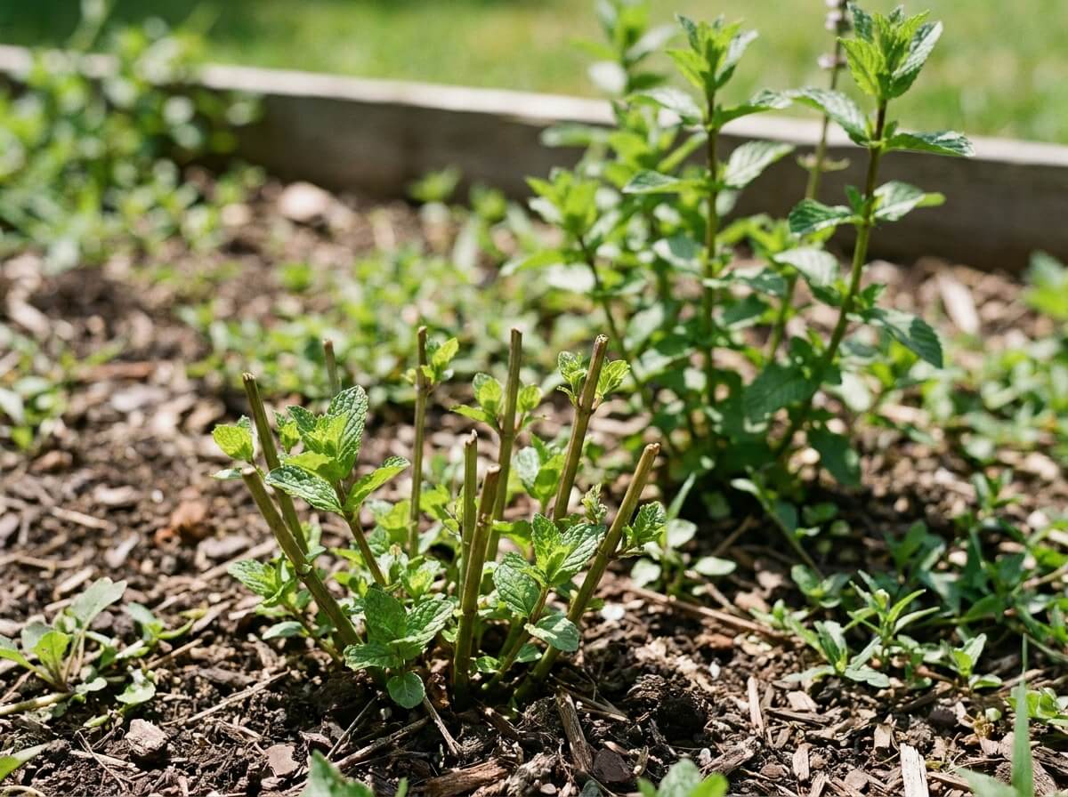 Pied de menthe rabattu à 8 cm du sol avant sa repousse estivale
