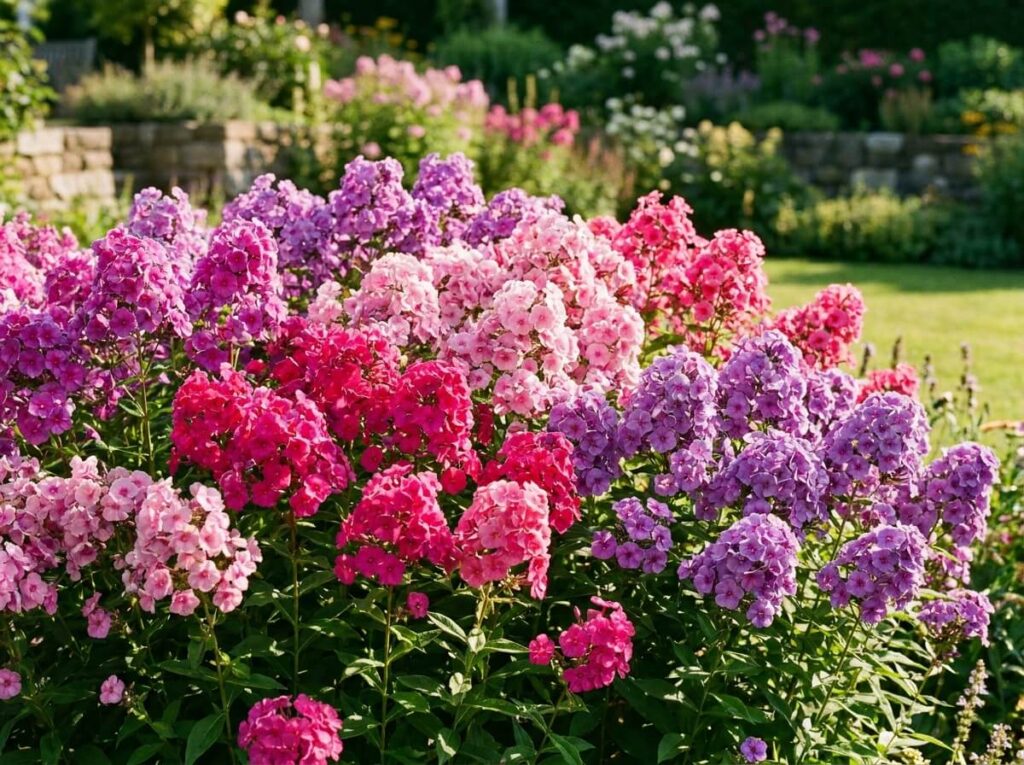 Massif de phlox roses et mauves en pleine floraison éclatante sous le soleil d'été