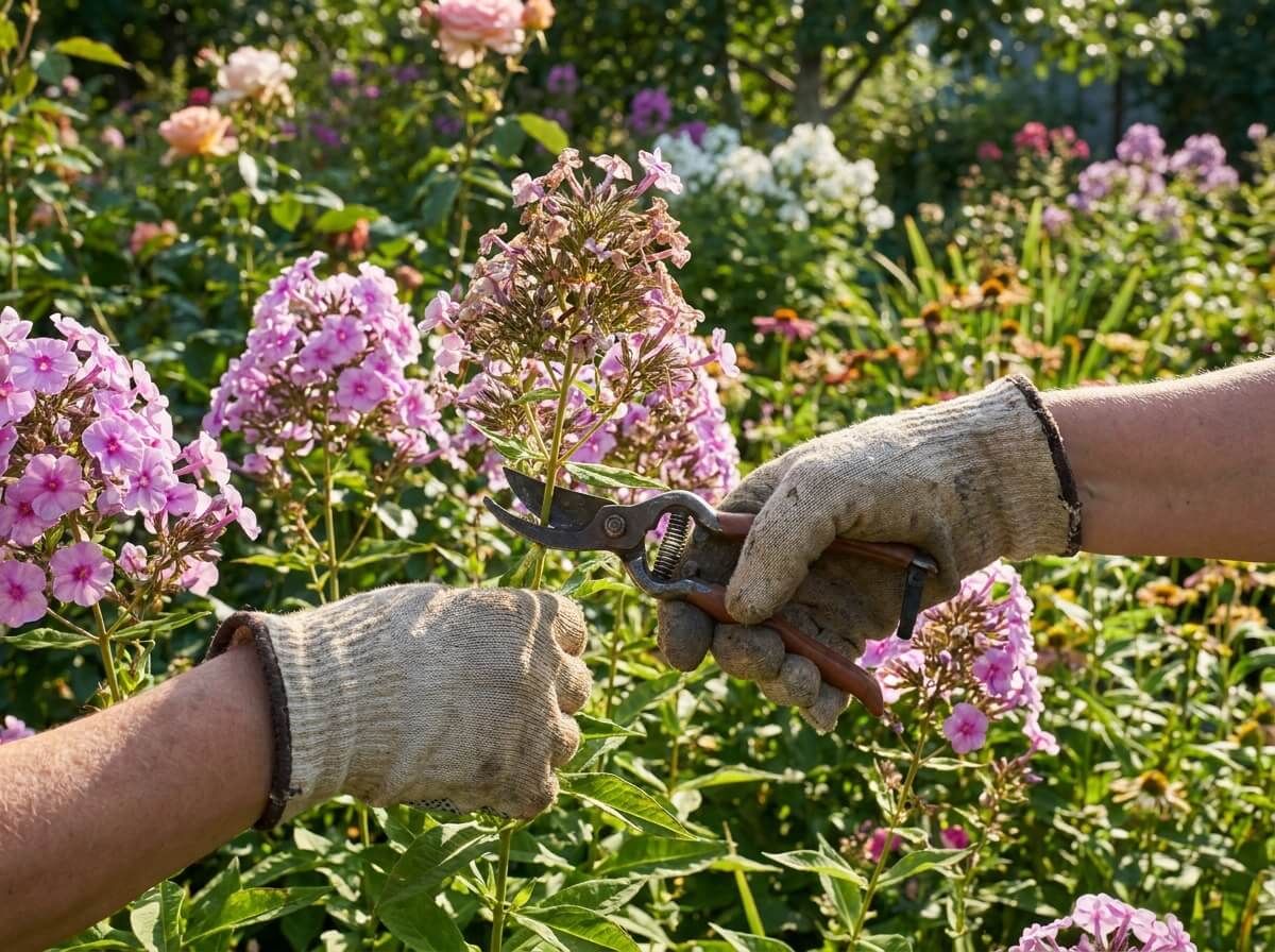 Main coupant une panicule de phlox fanée pour relancer la floraison estivale
