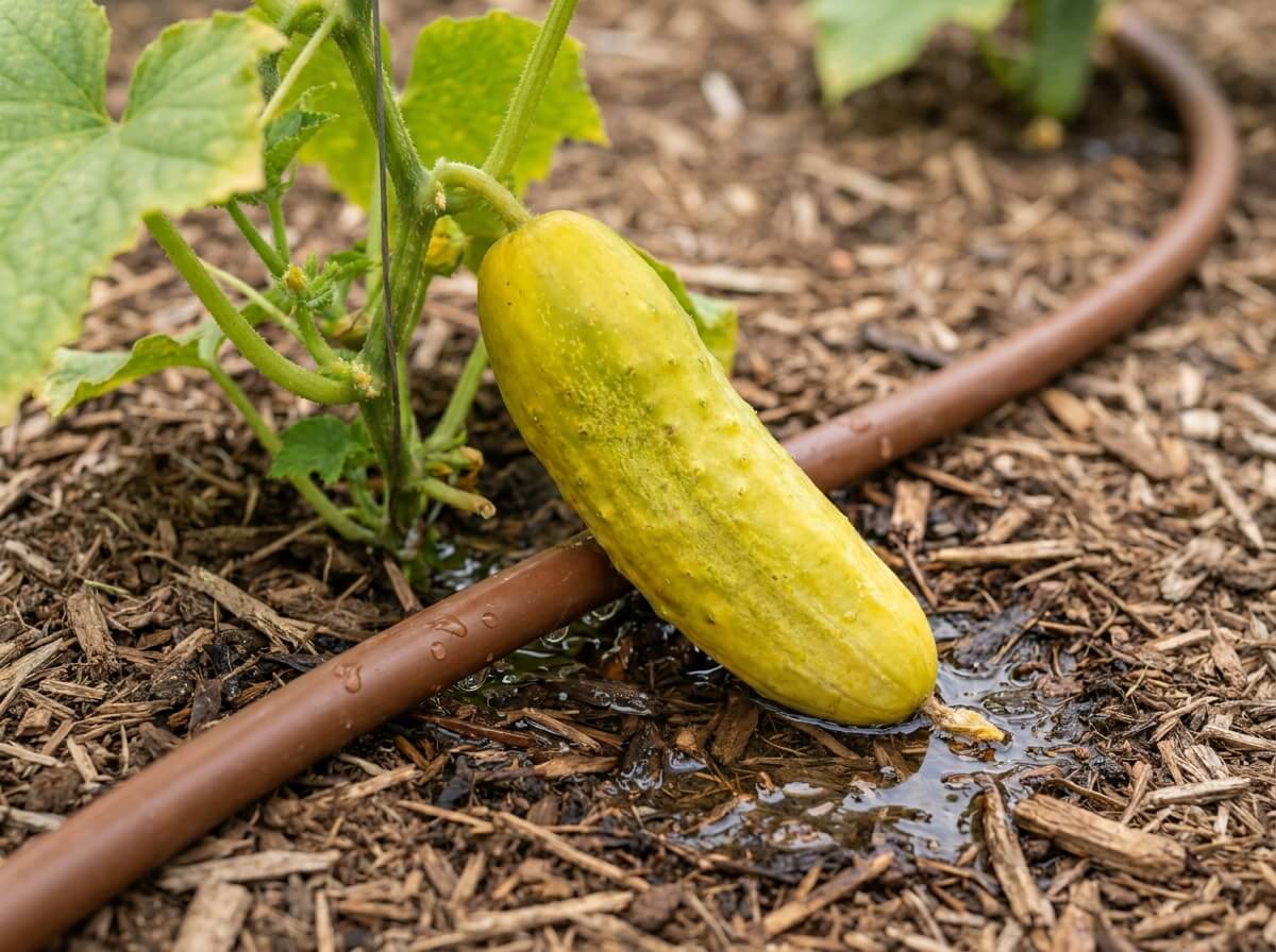Gros plan sur un concombre jauni sur pied avec goutte à goutte d'arrosage au sol