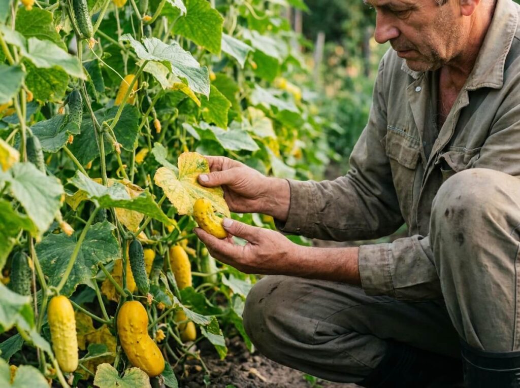 Jardinier inspectant un pied de concombre au potager, feuilles jaunissantes et jeunes fruits sur le rang