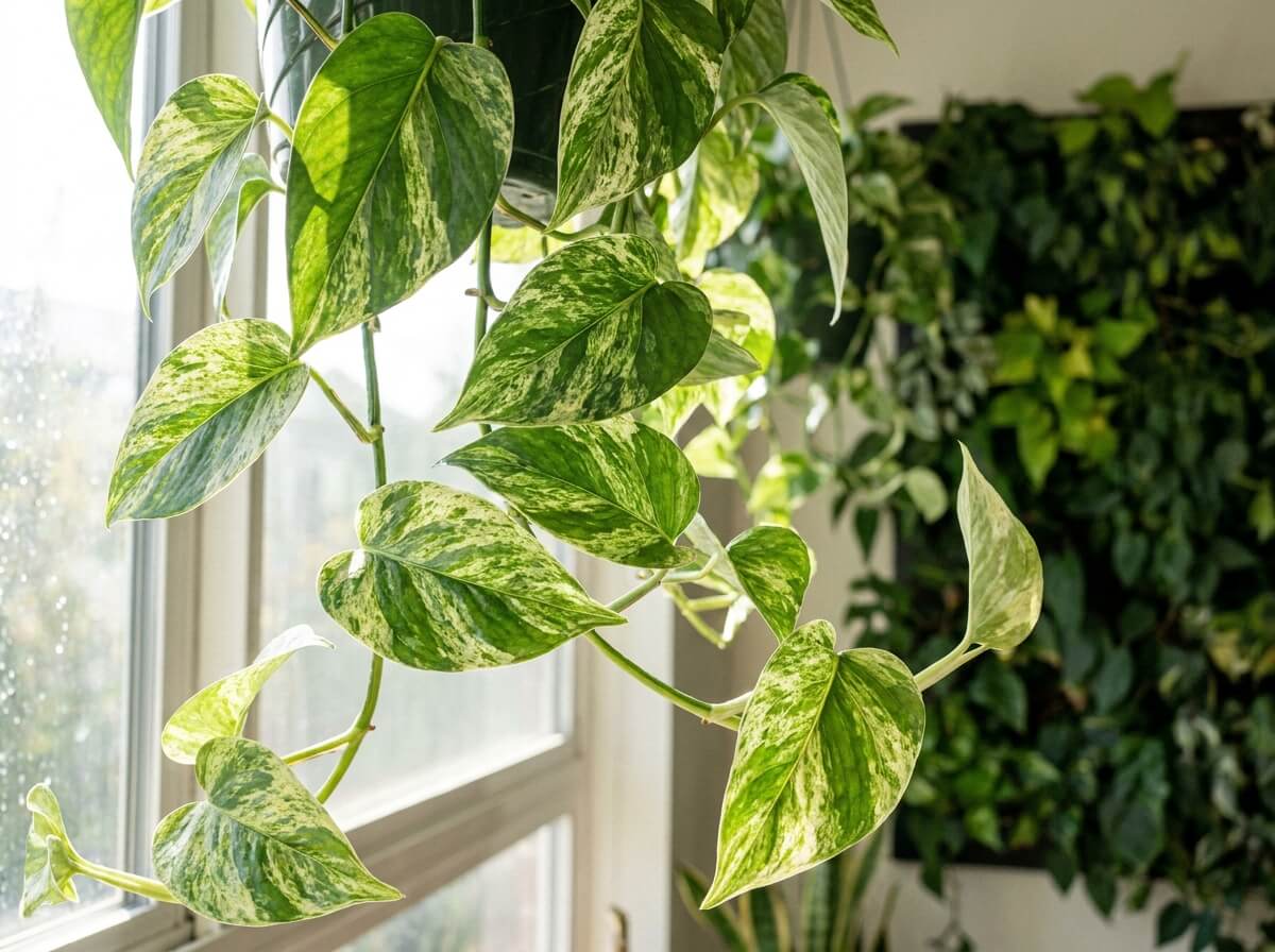 Détail des feuilles vert satiné éclaboussées de crème du Scindapsus Marble Queen près d'une fenêtre