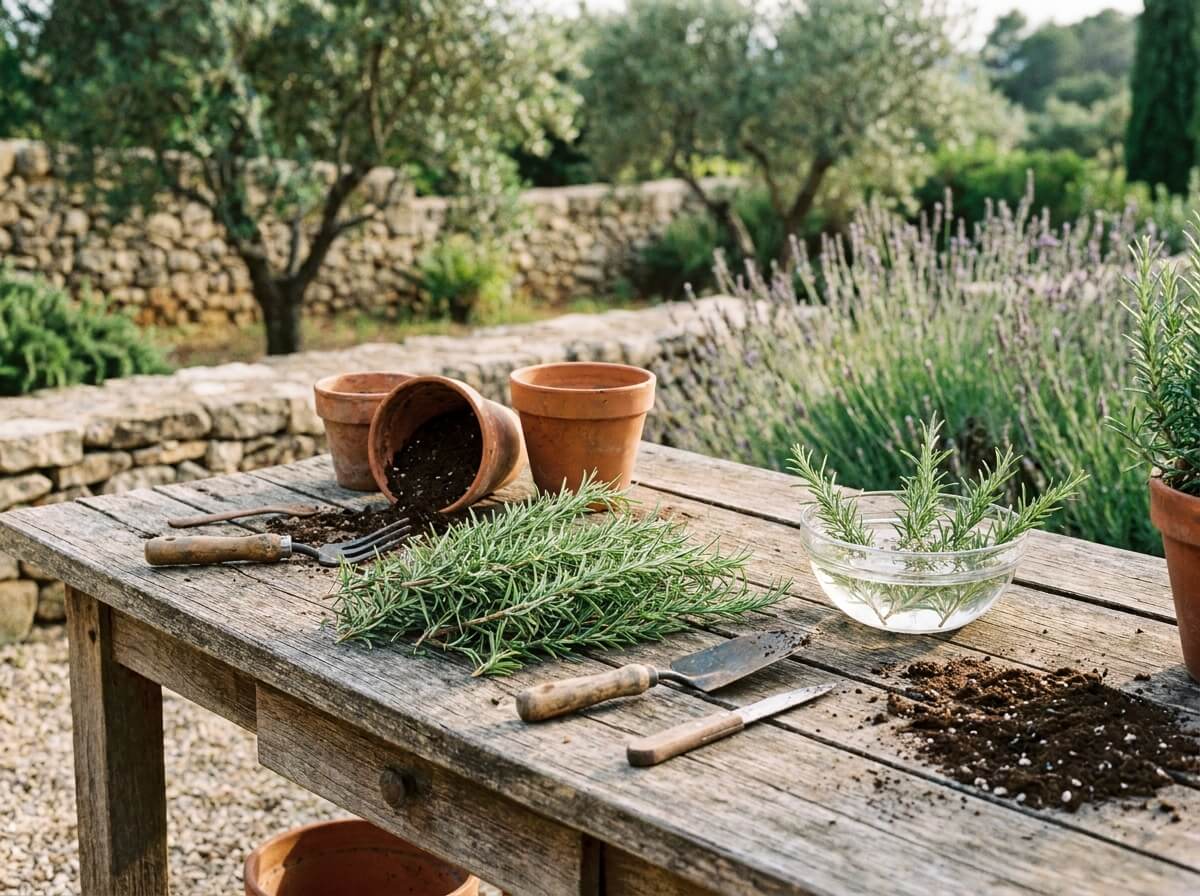 Boutures de romarin fraîchement coupées posées sur une table de jardin en bois