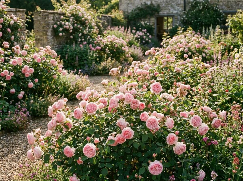 Massif de rosiers anglais en pleine floraison estivale, coupes rose tendre gorgées de pétales sous le soleil