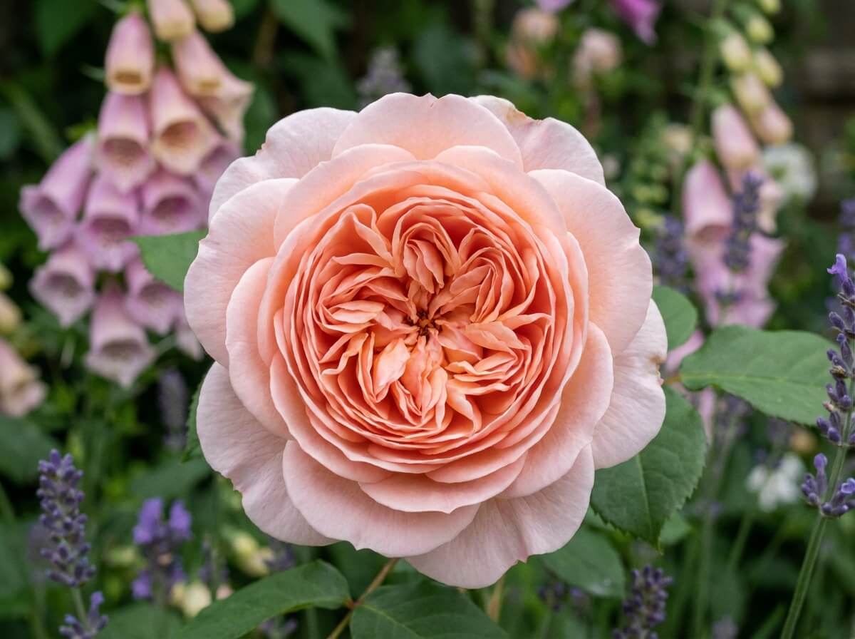 Gros plan sur une rose anglaise en rosette, dizaines de pétales enroulés autour d'un cœur dense