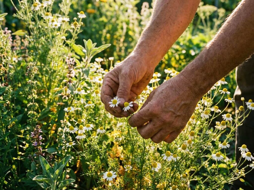 Mains cueillant des fleurs de camomille matricaire dans un jardin d'été ensoleillé