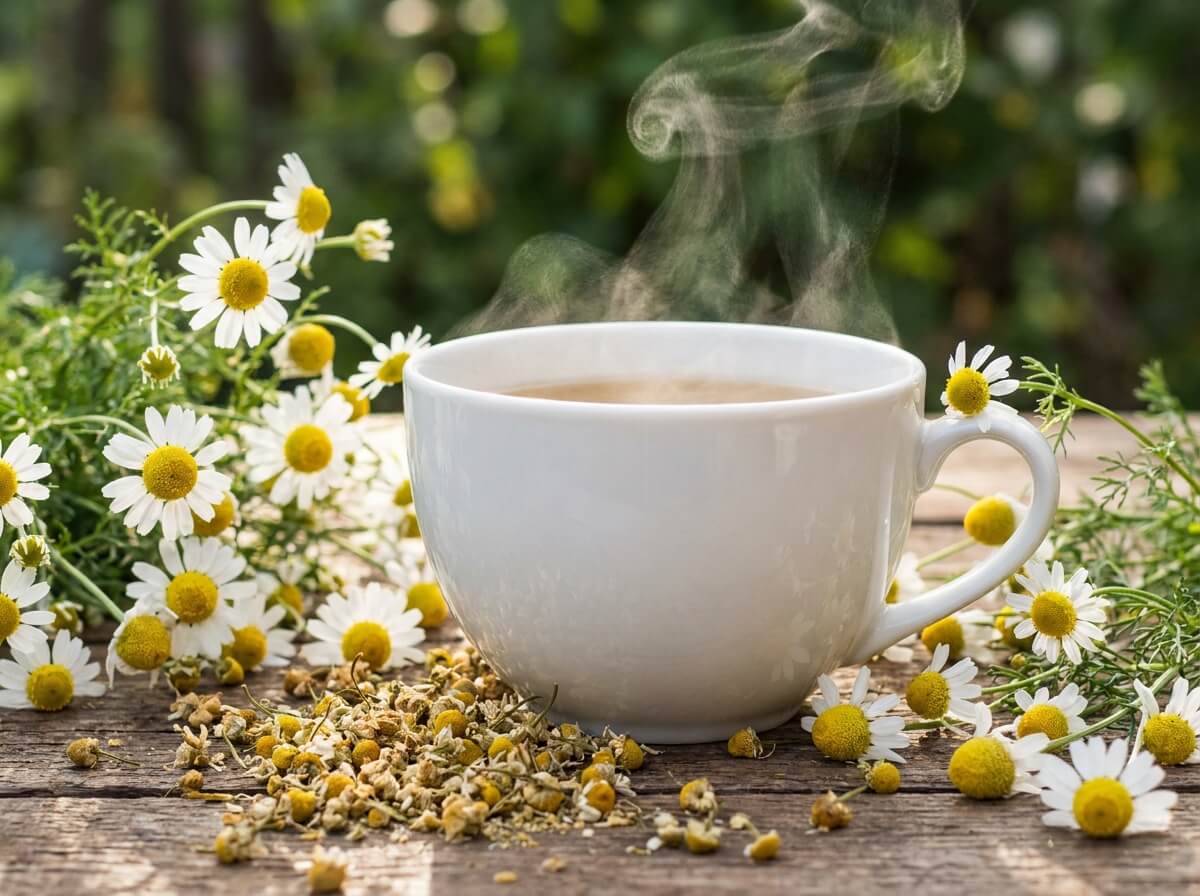Tisane de camomille matricaire fumante dans une tasse blanche avec fleurs séchées