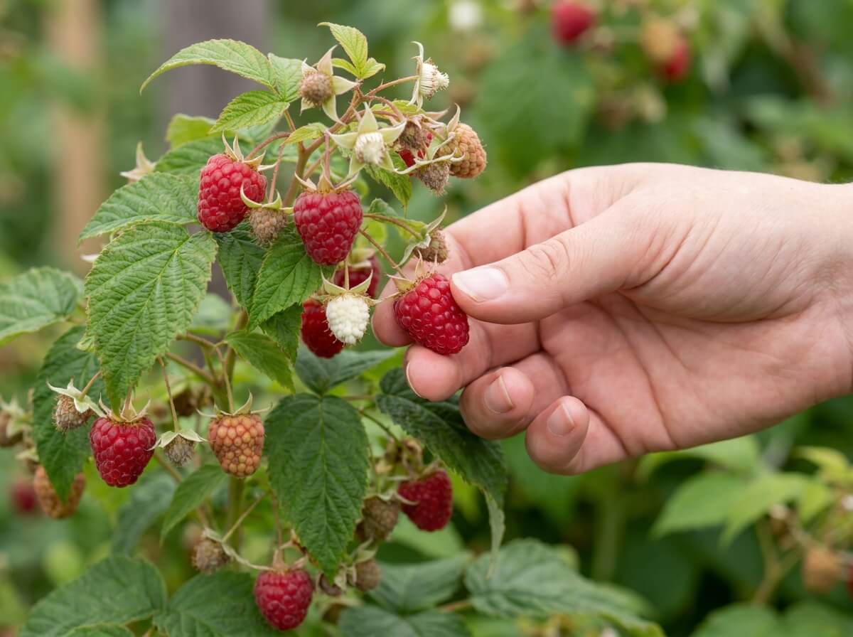 Main cueillant une framboise mûre bien détachée du réceptacle blanc sur un framboisier remontant
