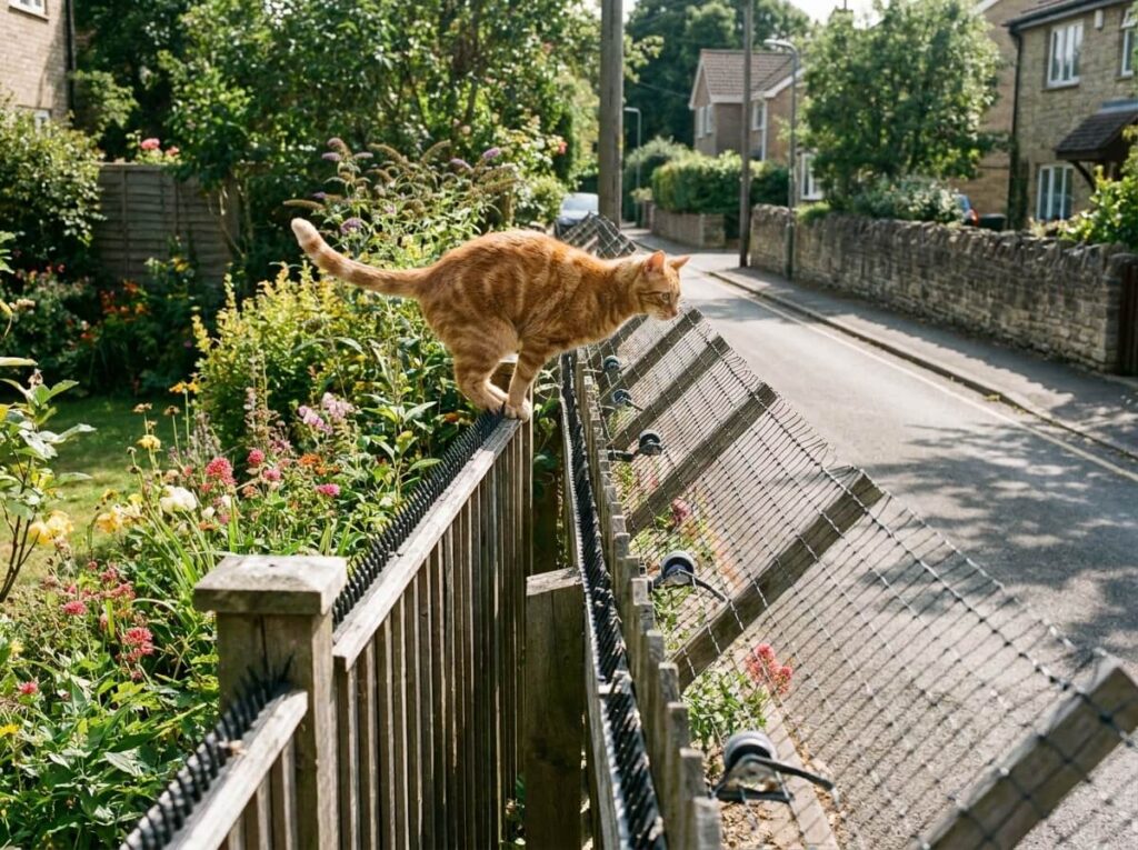 Chat perché sur une clôture de jardin en bois prêt à sauter dans la rue en été