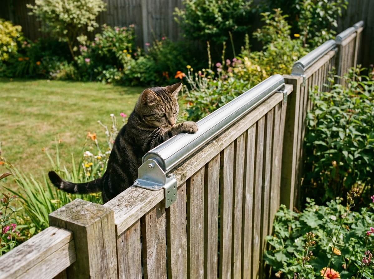 Rouleau anti-évasion incliné fixé en haut d'une clôture pour empêcher un chat de grimper