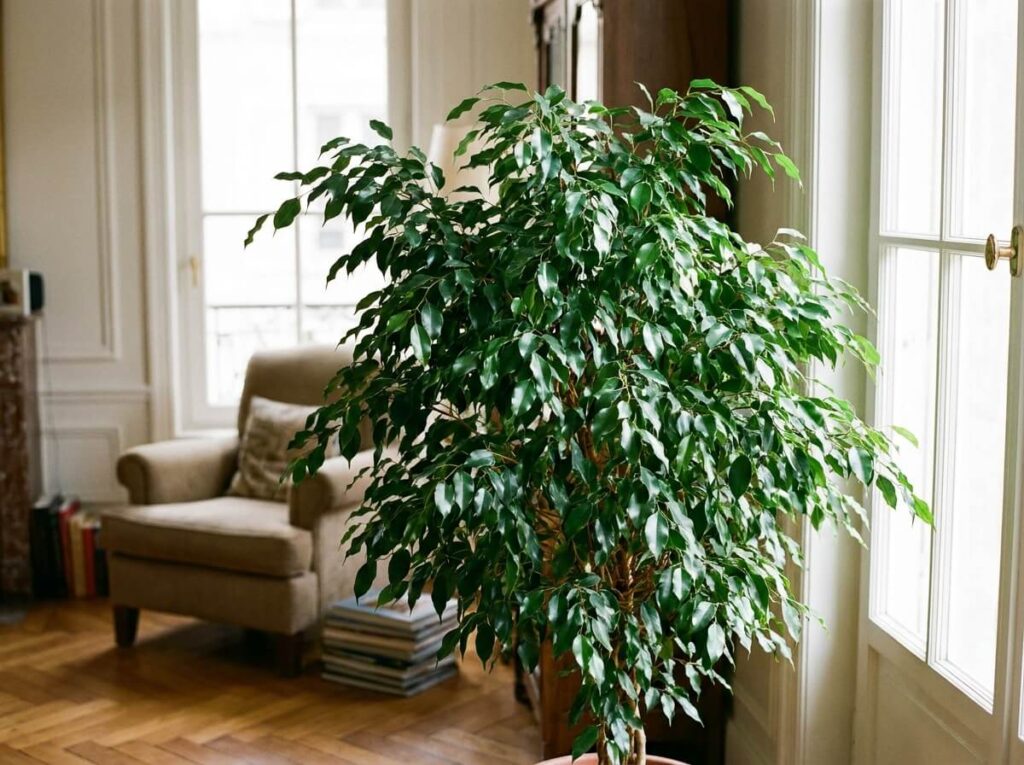 Beau ficus benjamina au feuillage dense et brillant près d'une fenêtre lumineuse dans un salon