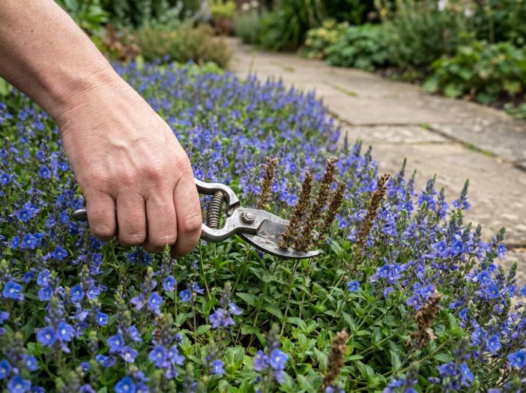 Main coupant les épis fanés d'une véronique tapissante bleue avec un sécateur en été