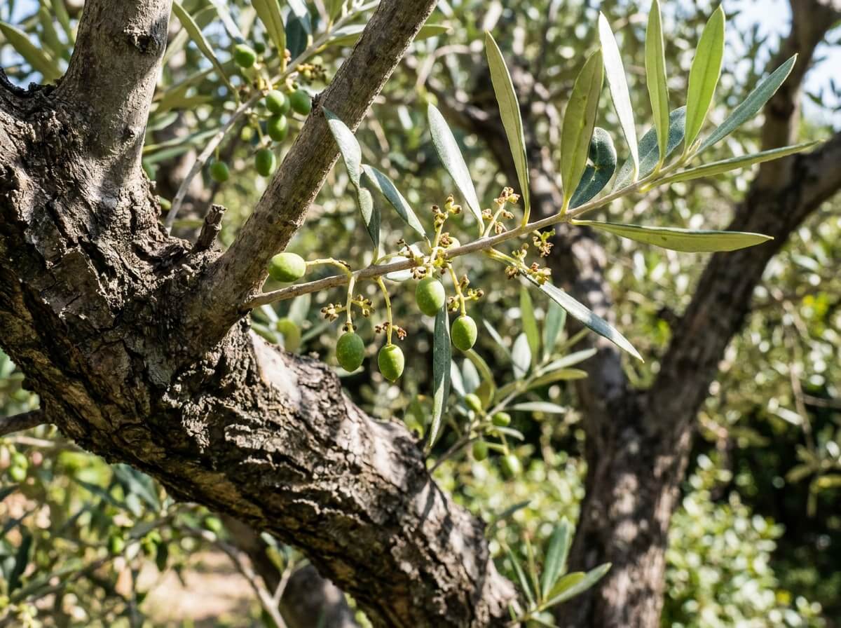 Jeunes olives vertes naissantes remplaçant les fleurs fanées sur une branche d'olivier