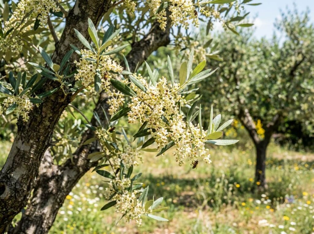 Grappes de fleurs blanc crème sur un rameau d'olivier en pleine floraison estivale au soleil