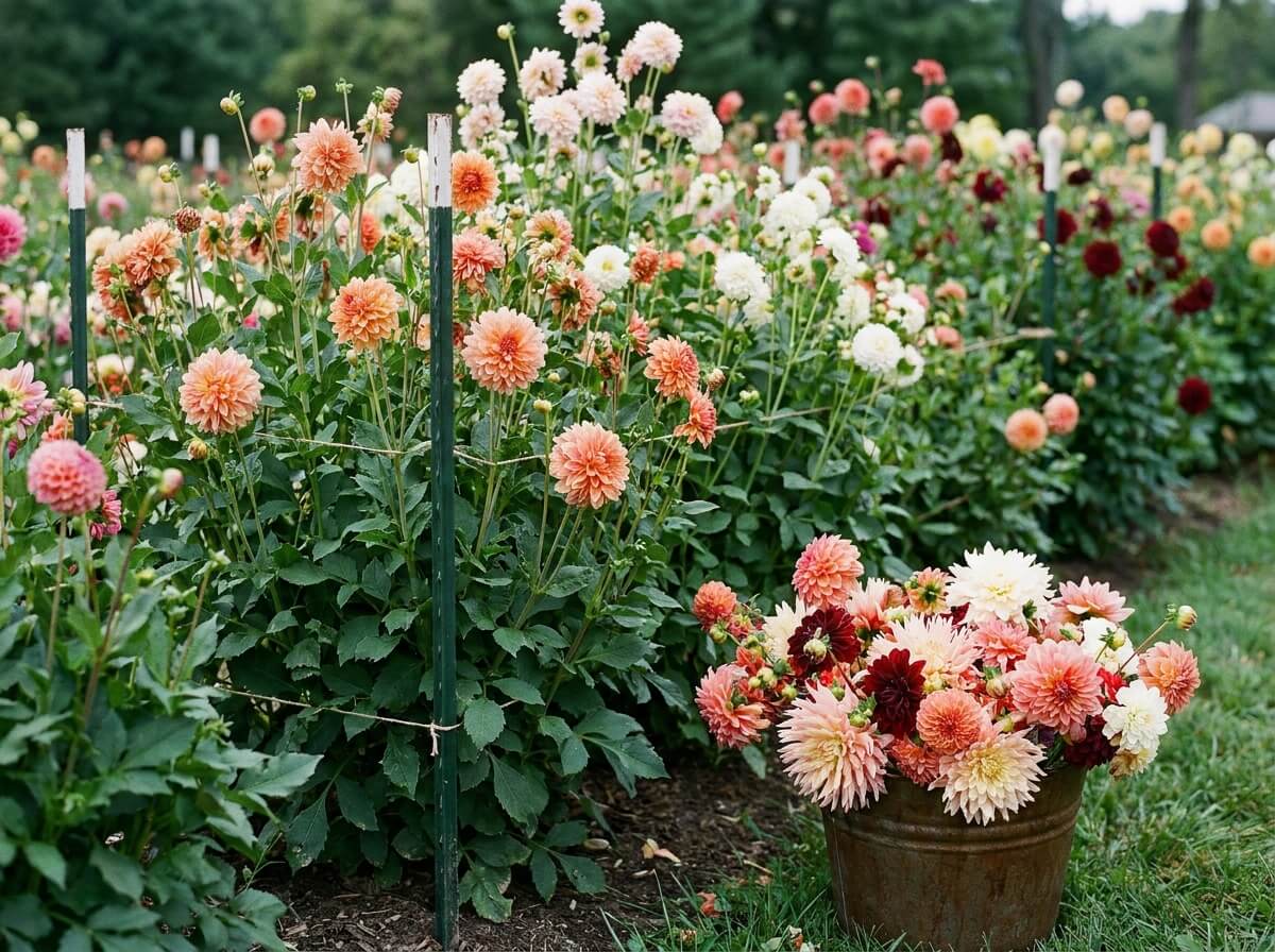 Massif de dahlias en pleine floraison estivale avec fleurs coupées prêtes pour un bouquet