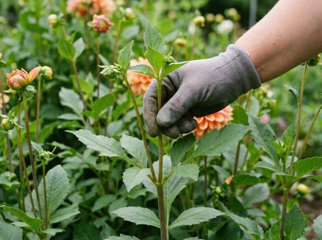 Main de jardinier pinçant la tige centrale d'un jeune dahlia au-dessus d'une paire de feuilles