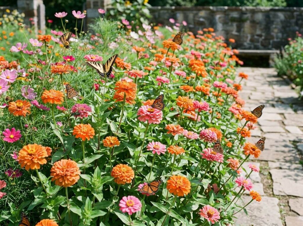 Massif de zinnias orange et roses mêlés à des cosmos, papillons butinant en plein soleil d'été