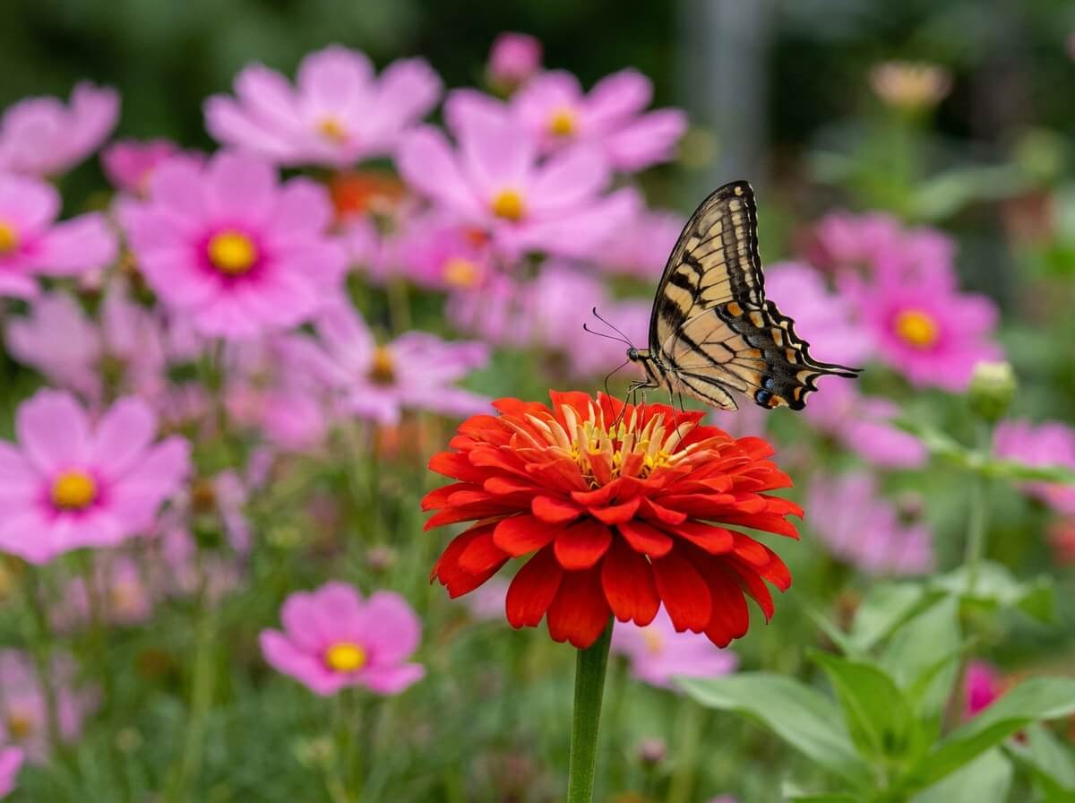 Gros plan sur un zinnia écarlate visité par un papillon, cosmos rose en arrière-plan flou