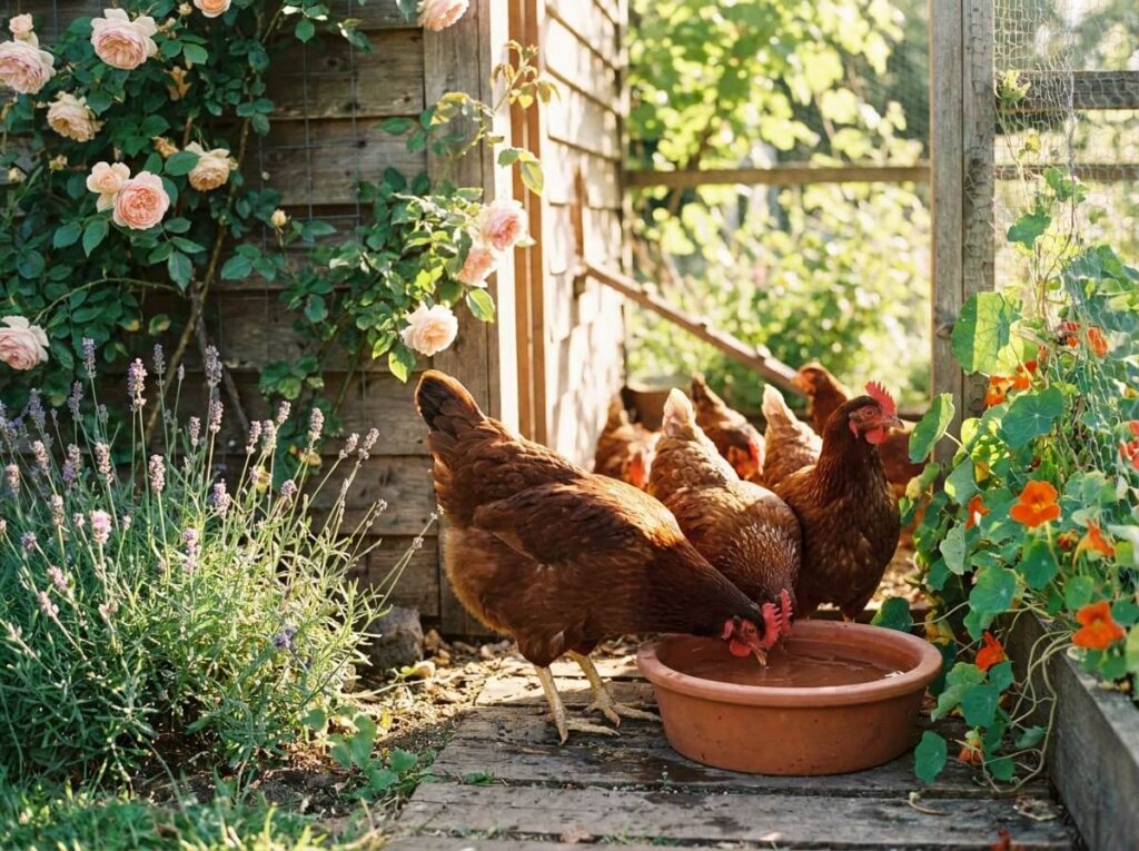 Poules rousses buvant à un abreuvoir propre dans un poulailler ensoleillé d'été