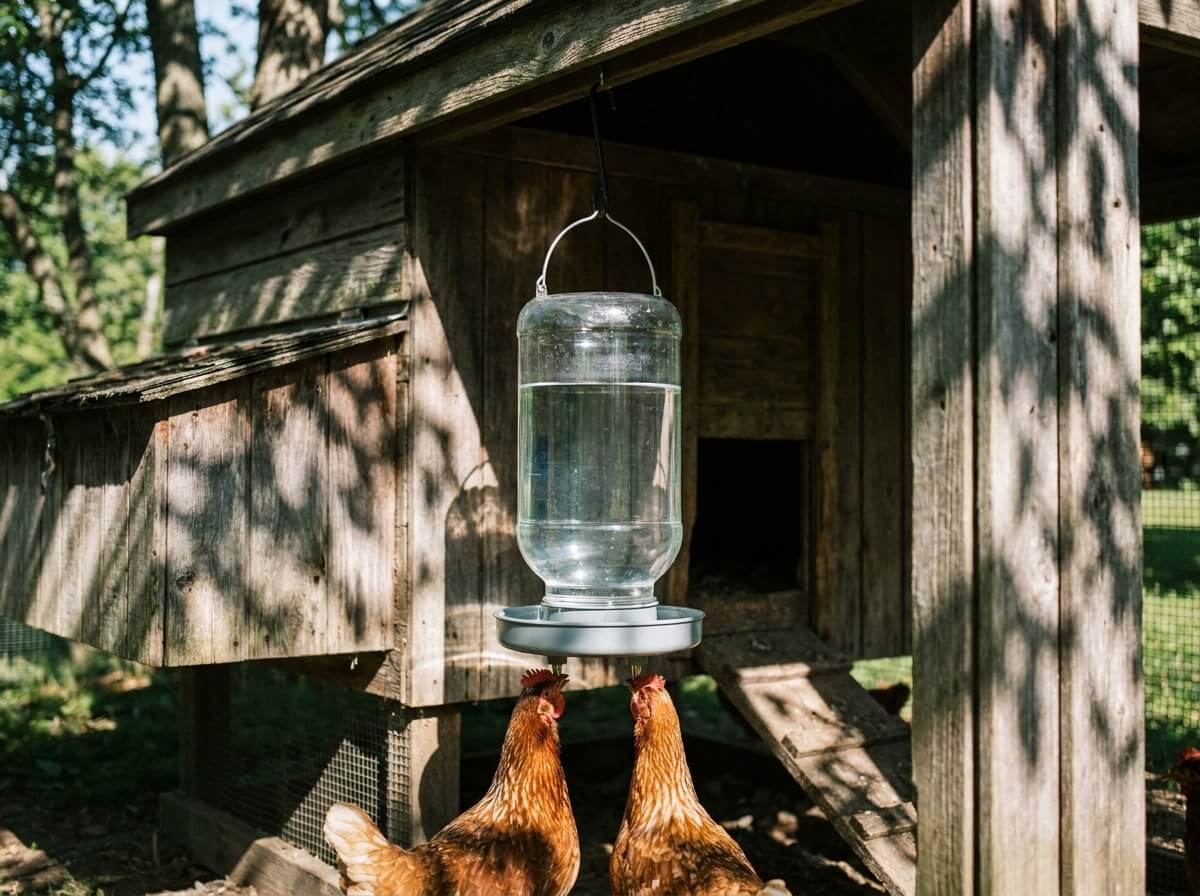 Abreuvoir suspendu à tétines rempli d'eau claire à l'ombre d'un poulailler