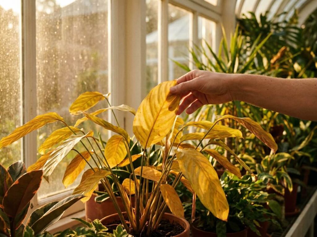 Main soulevant une feuille jaunie de Calathea pour inspecter la base du feuillage