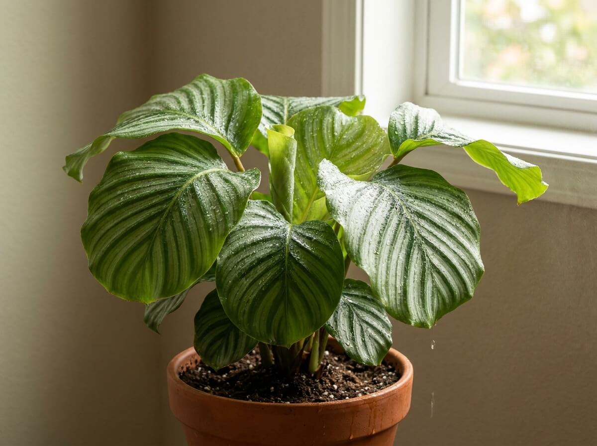 Calathea déplacé loin d'une fenêtre chaude, feuillage vaporisé pour relancer l'humidité