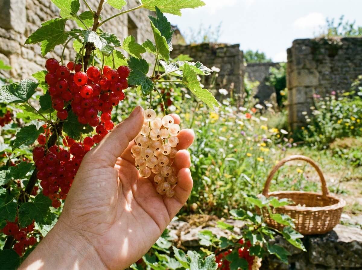 Main cueillant des groseilles blanches nacrées à côté de grappes rouges éclatantes