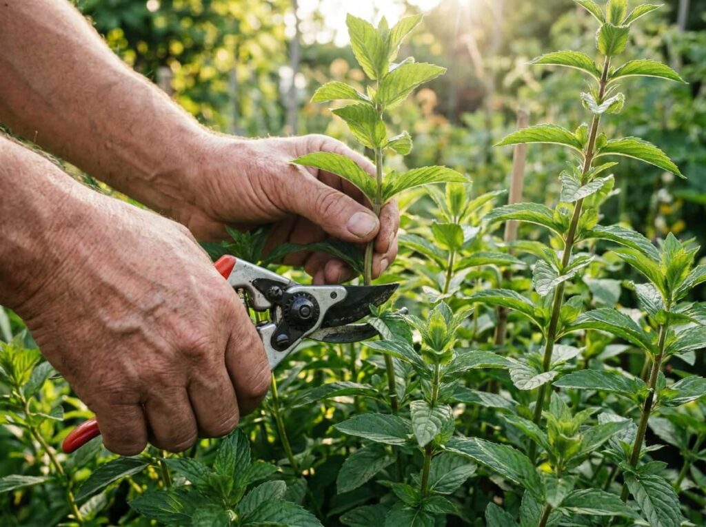 Mains coupant une tige de menthe poivrée au sécateur au-dessus d'un plant vigoureux