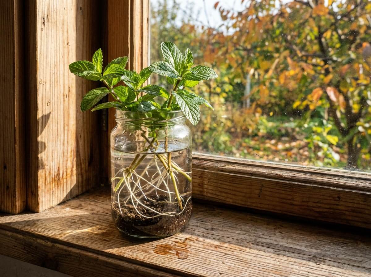 Boutures de menthe poivrée en train de raciner dans un verre d'eau sur un rebord de fenêtre