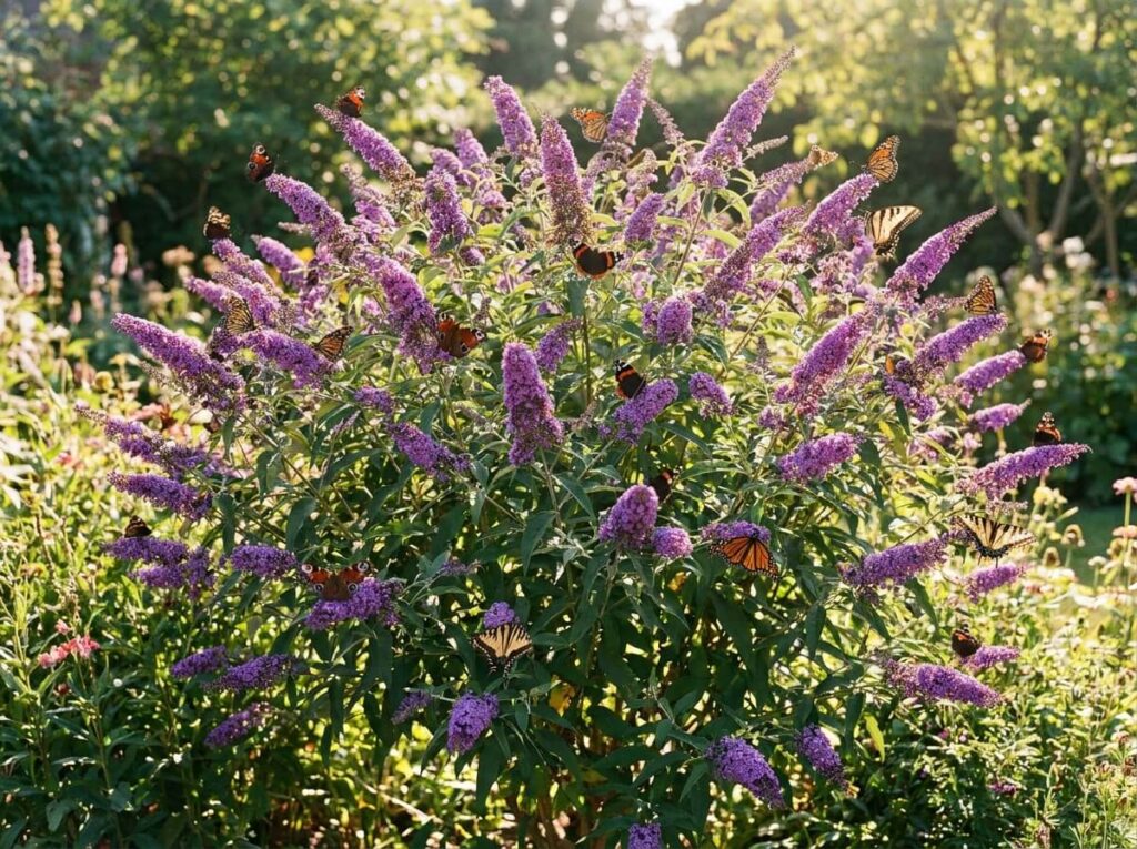Buddléia en pleine floraison violette couvert de papillons multicolores dans un jardin ensoleillé d'été