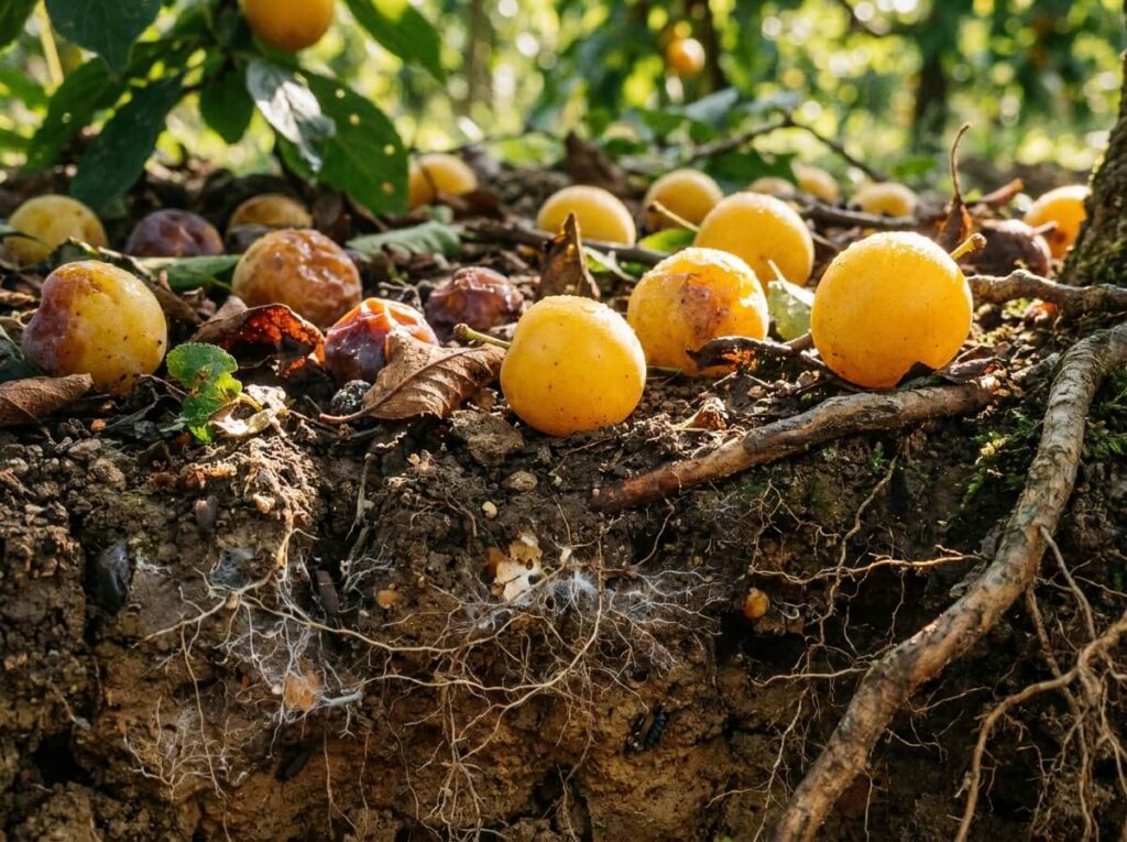 Mirabelles dorées tombées au sol sous l'arbre en pleine récolte d'été