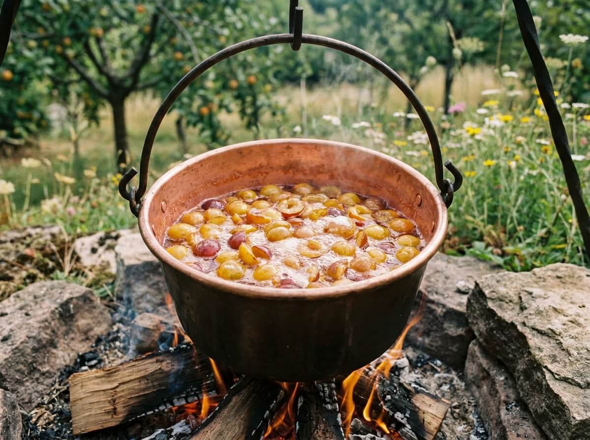Confiture de mirabelles en train de cuire dans une bassine en cuivre