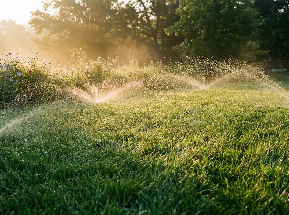 Arroseur oscillant projetant un fin voile d'eau sur un gazon ras au petit matin
