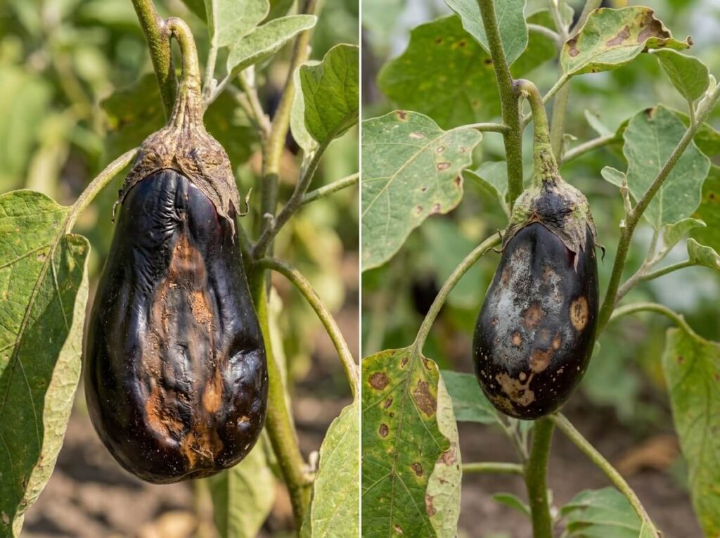 Fruit d'aubergine noirci et affaissé sur le pied, taché de brun en plein été