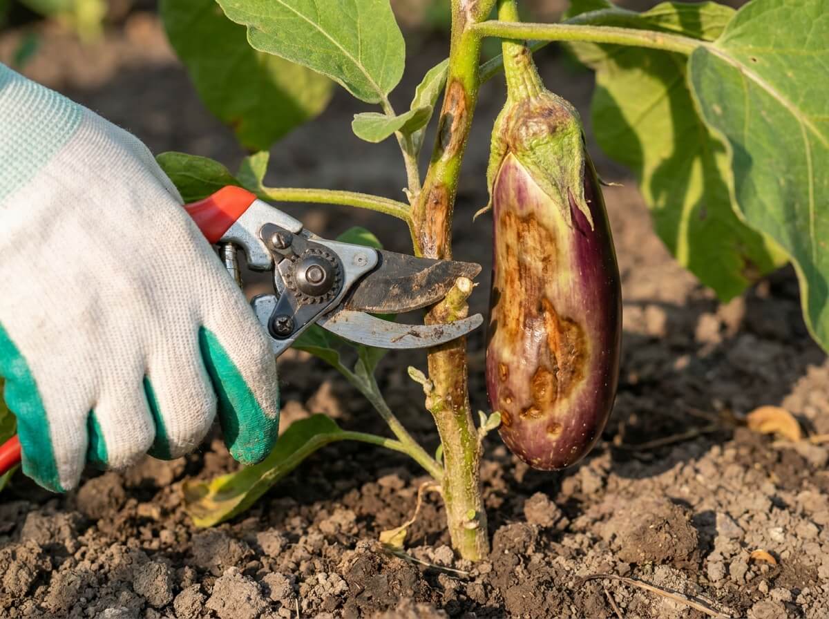 Main coupant une aubergine atteinte au sécateur pour retirer le foyer d'infection