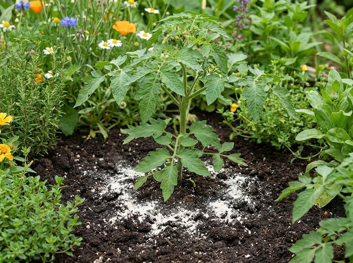 Poudre fine de coquilles d'œufs mélangée à la terre autour d'un plant de tomate