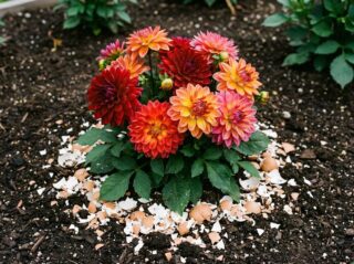 Coquilles d'œufs broyées répandues au pied de dahlias éclatants dans un massif estival