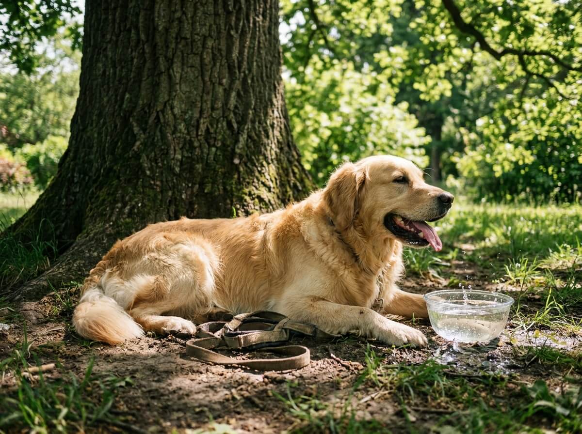 Un chien se repose à l'ombre après une balade avec une gamelle d'eau fraîche à côté