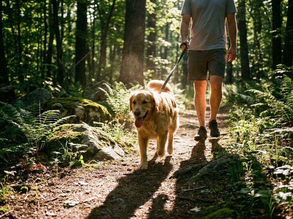Un chien tenu en laisse marche à l'ombre d'un chemin boisé tôt le matin en été