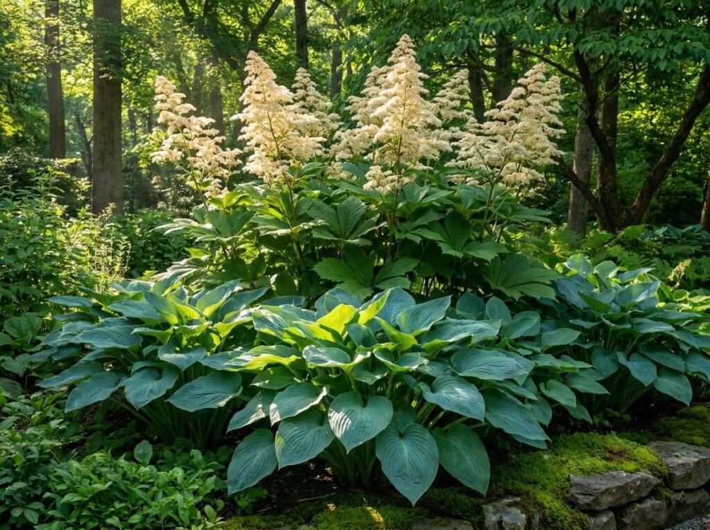 Massif d'hostas aux larges feuilles vert-bleu luxuriantes illuminant un coin d'ombre au jardin d'été