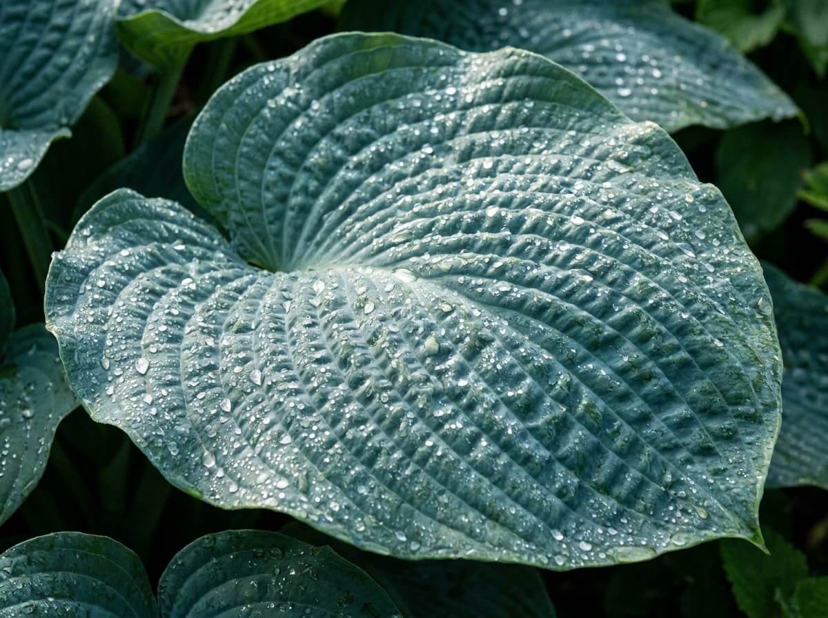 Gros plan sur une feuille d'hosta gaufrée vert-bleu couverte de rosée le matin