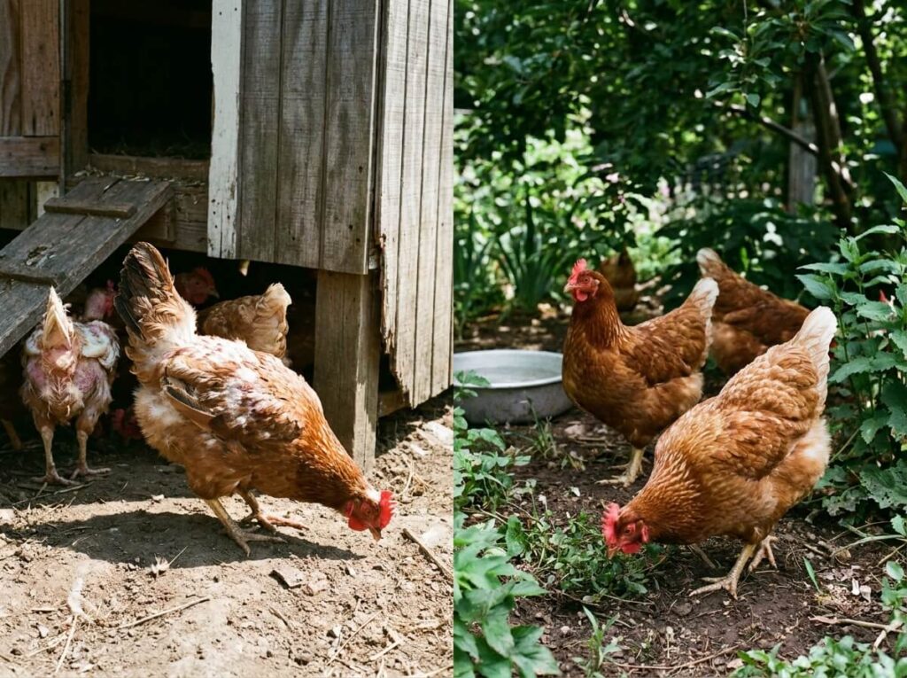 Poule au plumage clairsemé sur le dos grattant le sol à l'ombre d'un poulailler en été