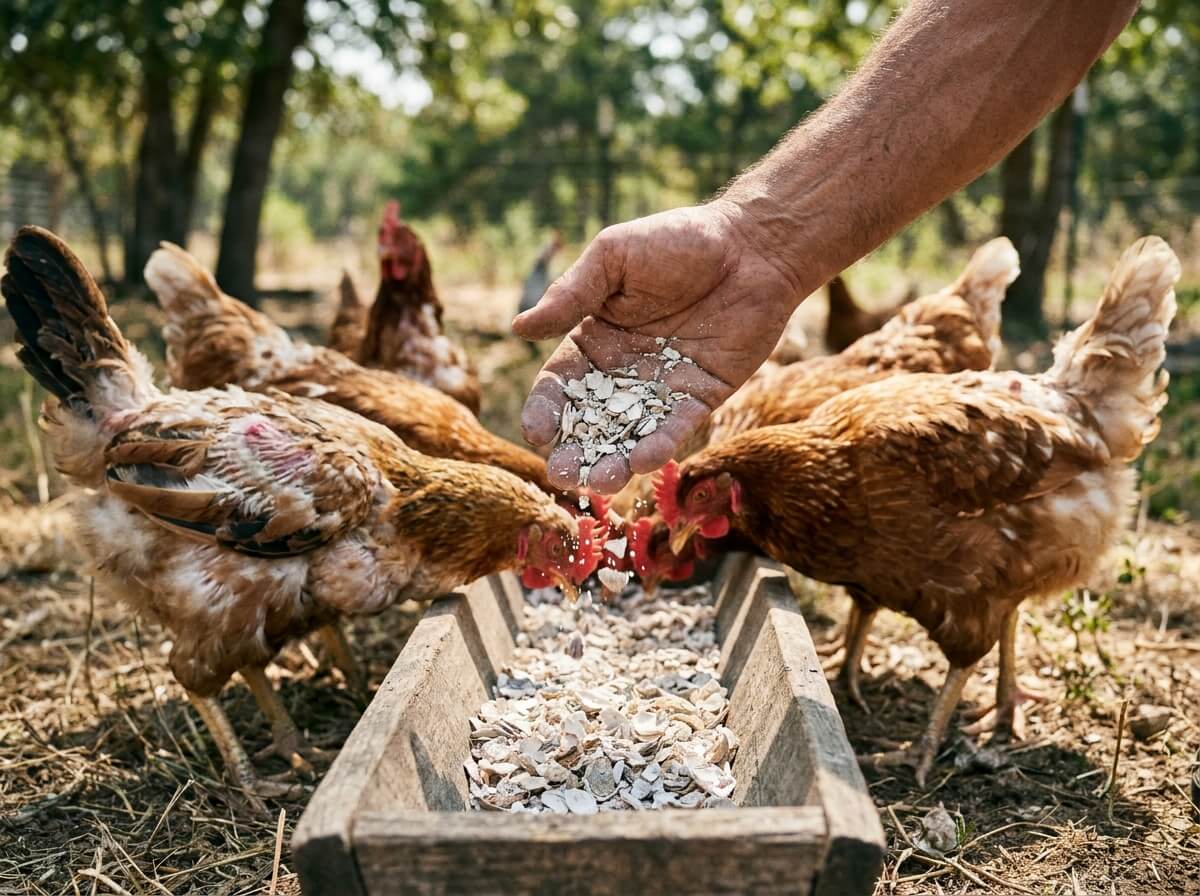 Main déposant des coquilles d'huîtres concassées dans une mangeoire à côté de poules