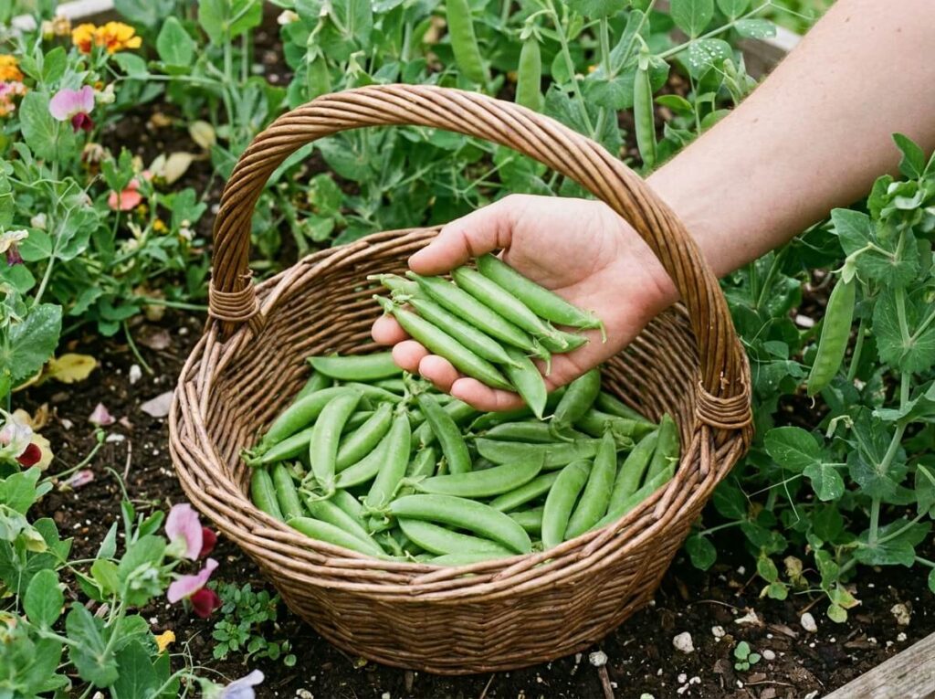 Poignée de pois gourmands verts et croquants fraîchement cueillis dans un panier au potager